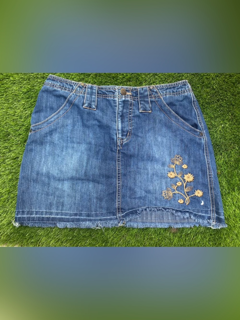 Faded Glory Blue Denim Skirt with Gold Floral Embroidery